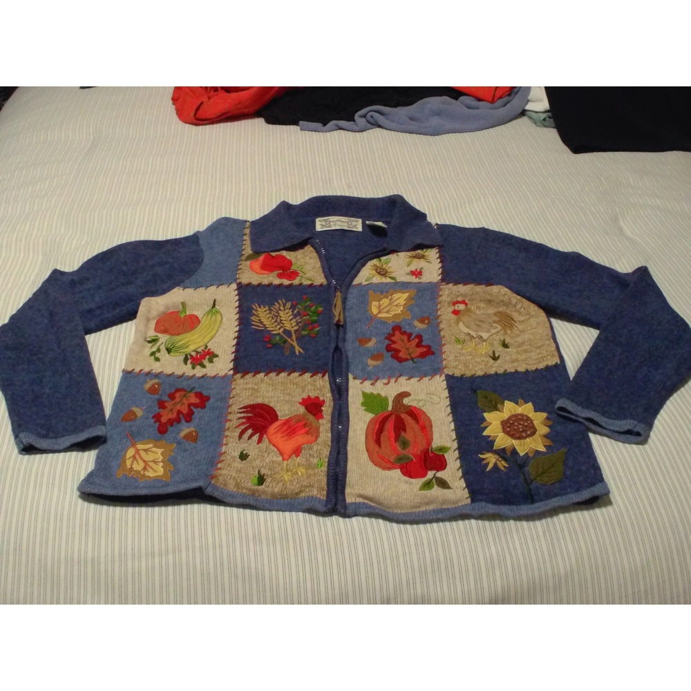 Tiara International Womens XL Blue Fall Patchwork Embroidered Zip Cardigan